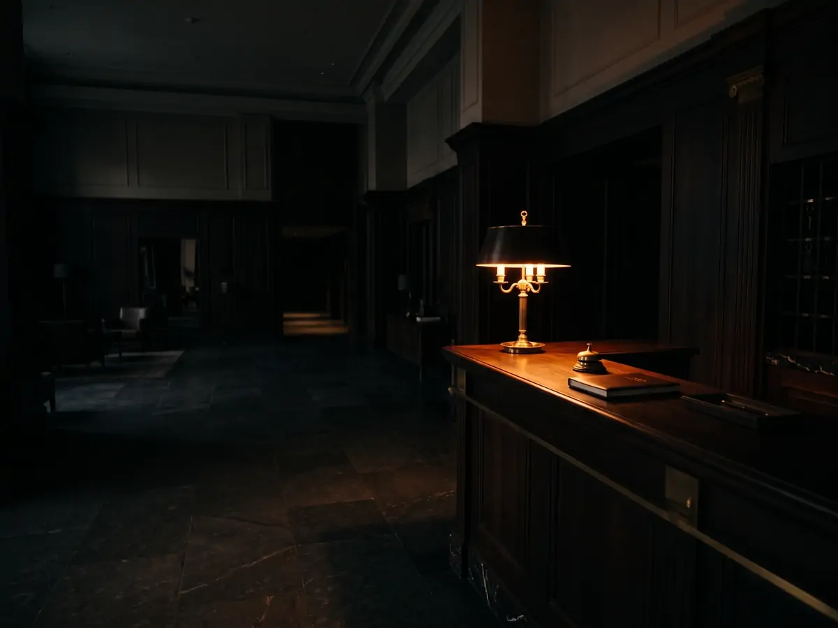 A dark hotel reception at night, lit by a single warm lamp.