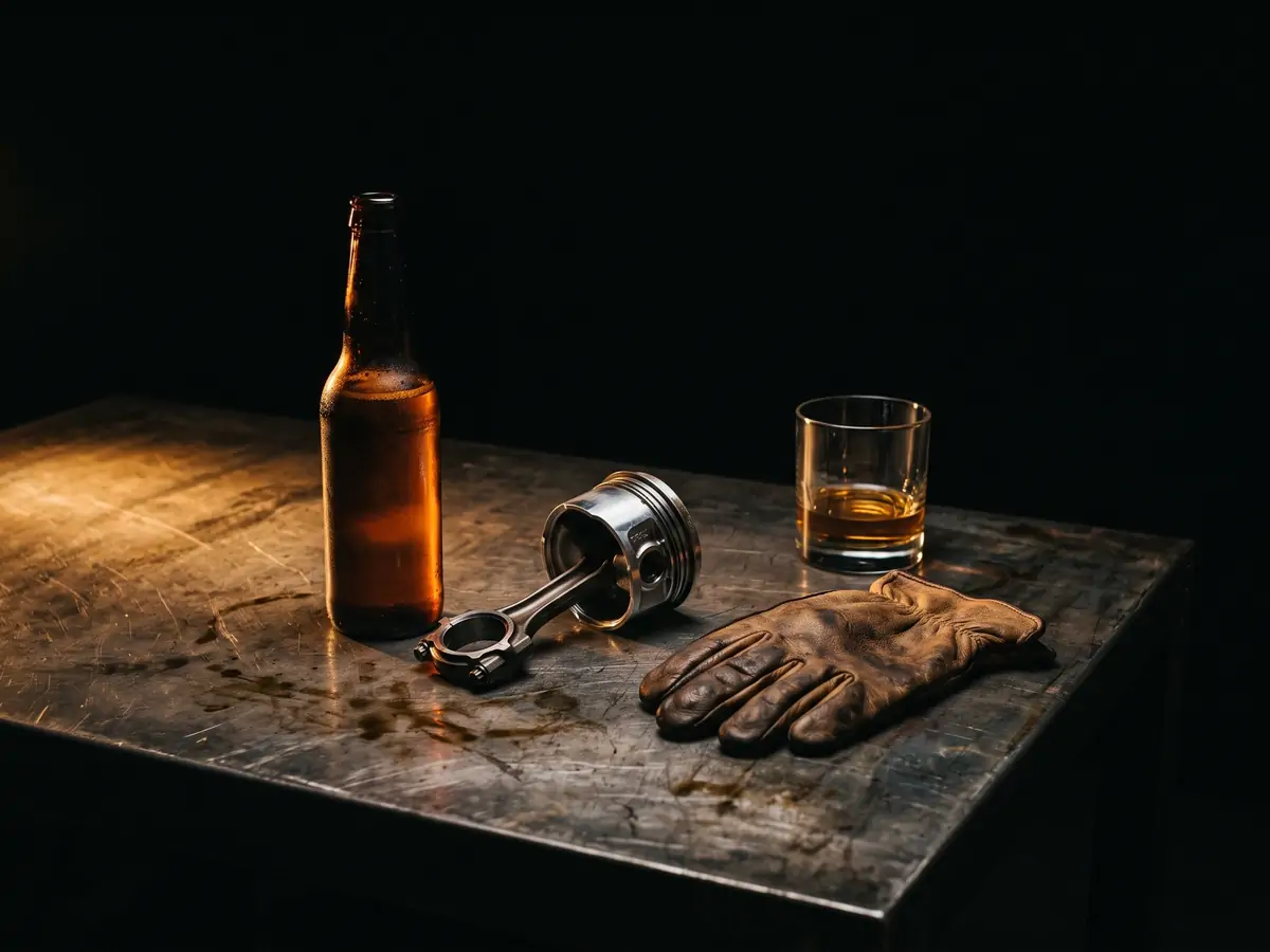 A dim workbench still life: an amber bottle and a heavy tumbler under a single side light.