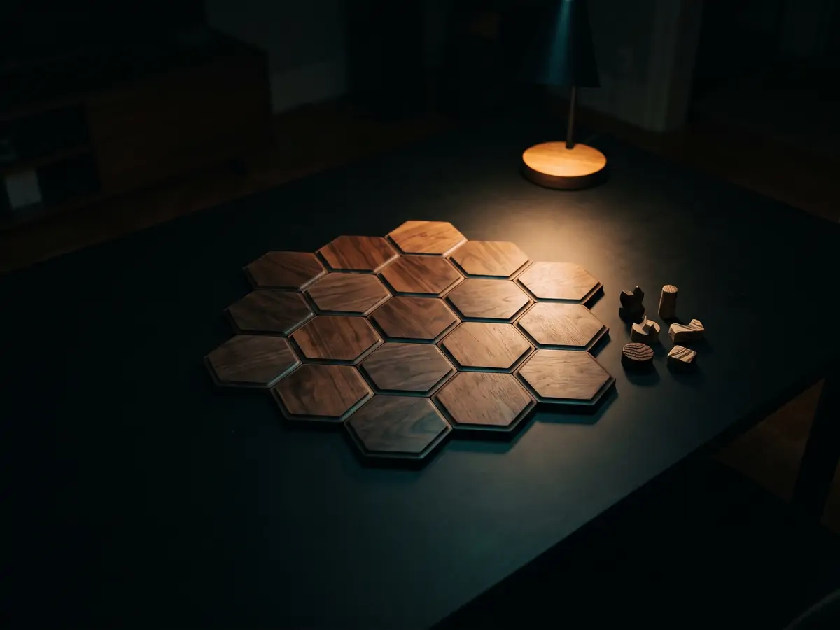 Hexagonal wooden board-game tiles clustered on a dark table under a warm lamp.